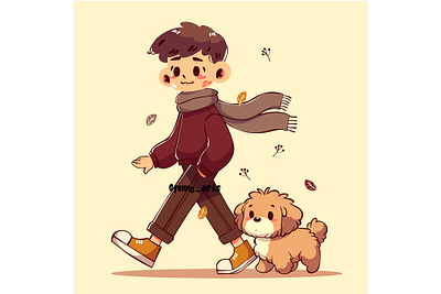 Cartoon Boy Walking with His Dog aesthetic animal autumn background cartoon celebration character concept event fall foliage forest leaf leaves nature outdoor outside park people season