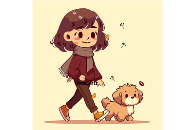 Cartoon Girl Walking with a Dog aesthetic animal autumn background cartoon celebration character concept event fall foliage forest leaf leaves nature outdoor outside park peopple season