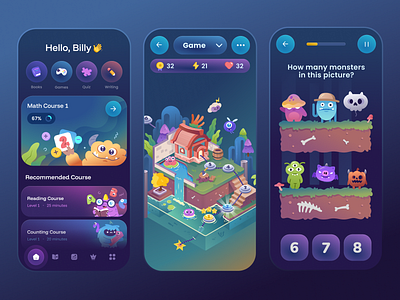 Kids Learning App UI Exploration character children class course cute design gradient home house illustration kids learning monster playful school ui