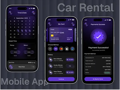 Car Rental Mobile App UI/UX bookingapp calendar card page carrentalapp cleanui darkmodedesign darkui mobileappdesign mordern design pay payment payment method payment successful payment summary rentalapp rentalservice seamlesstravel success state travelapp uxcasestudy