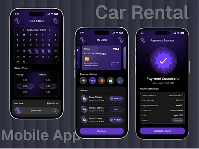 Car Rental Mobile App UI/UX bookingapp calendar card page carrentalapp cleanui darkmodedesign darkui mobileappdesign mordern design pay payment payment method payment successful payment summary rentalapp rentalservice seamlesstravel success state travelapp uxcasestudy