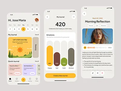 Journal Mobile App clean daily emotion figma gratitude habit journal journalapp journaling mentalhealth mindfulness minimal mood product selfcare tracker ui ux voice wellness
