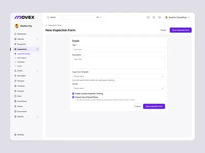 Movex SaaS - New Inspection Form data fleet form information input inspection modal saas saas webapp text area text field ui uiux vehicle webapp