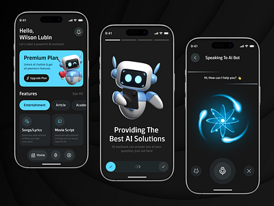 AI Assistant App UI/UX Design ai assistant app ai chat bot ai chat bot design ai mobile app ai powered app app best app design chatbot design chatbot ui dark mode ui design digital assistant futuristic ui mobile mobile app ui product design smart ai solutions uiux design ux case study voice interaction