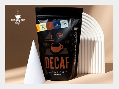 Broken Cup Cafe Pkg. Decaf beverages brand identity branding coffee illustration logo packaging typography
