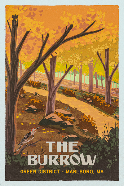 The Burrow 2d autumn digital painting fall forest illustration landscape leaf leaves path poster print procreate retro trail tree vintage woods works progress administration wpa
