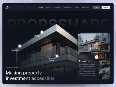 PropShare – Real Estate Investment Platform blockchain crypto dark theme finance fintech investment platform landing page modern ui property investment propshare real estate real estate wedsite startup uiux design web design web3