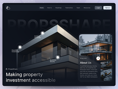 PropShare – Real Estate Investment Platform blockchain crypto dark theme finance fintech investment platform landing page modern ui property investment propshare real estate real estate wedsite startup uiux design web design web3