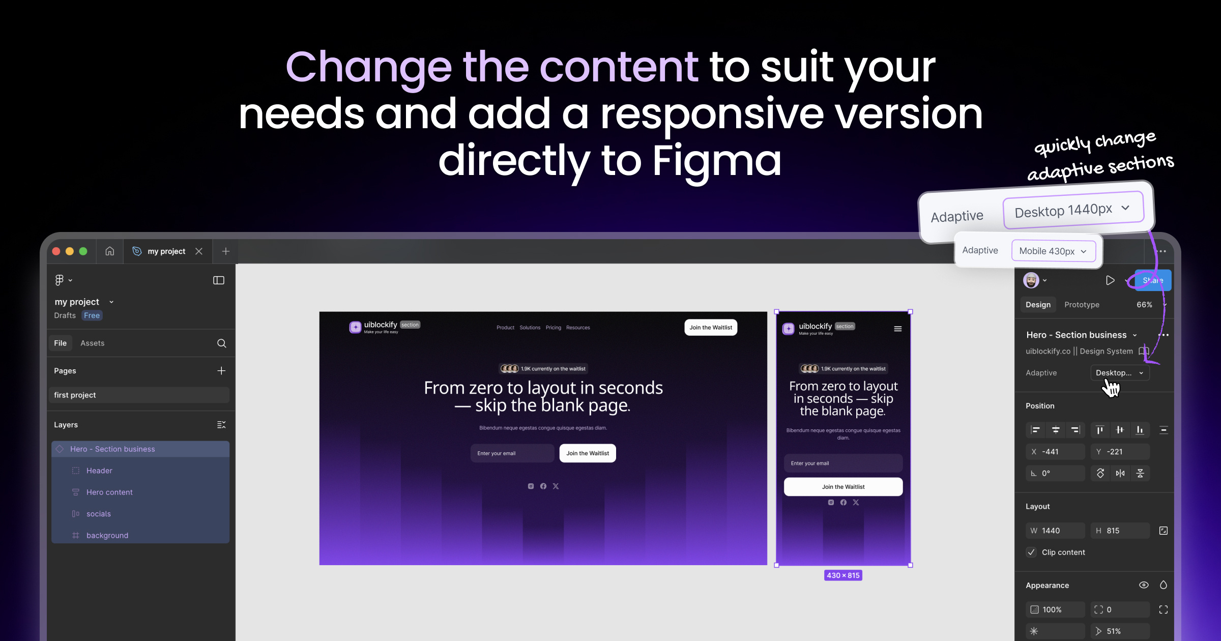 Adaptive components adaptive components dashboard design desktop features figma figma design graphic design landing page mobile resize uiblockify website