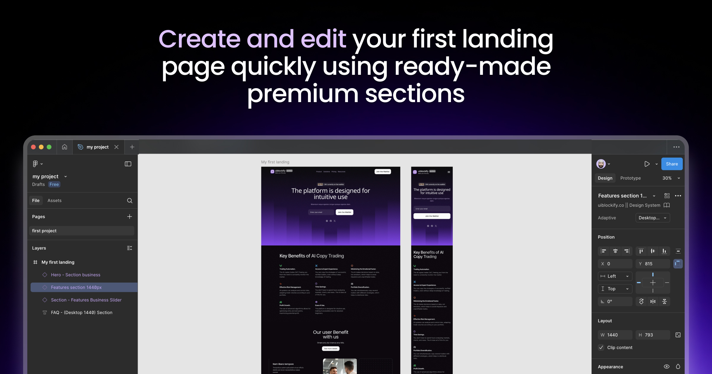 Ready made premium figma templates adaptive ai business components copy to figma copytrading crypto dashboard design figma design free use graphic design illustration invest landing section template testimonials uiblockify website