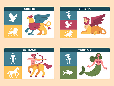 Mythical creatures and what they are made of animals characters cute flat ill illustration mythical creatures people vector