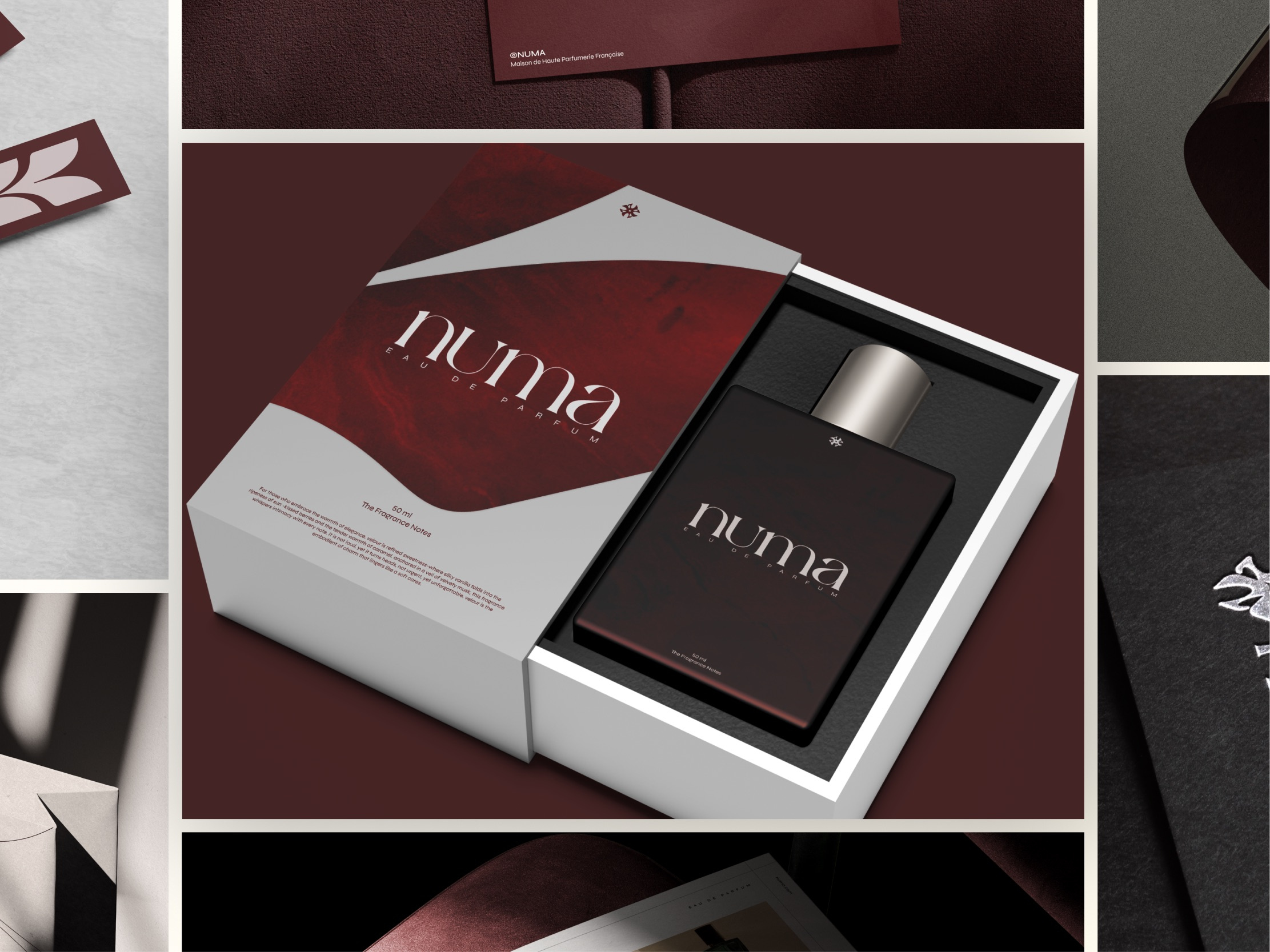 NUMA Scent - Elegant Luxury Perfume Brand Implementation Design ads box design brand book brand collateral brand identity brand implementation branding elegant fragrance graphic design luxury marketing minimalist mockup modern packaging perfume scenery template typography