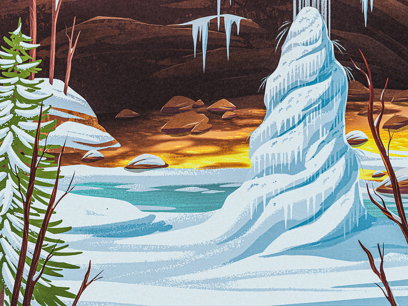 Ash Cave (Winter) 2d digital painting ice illustration landscape poster print procreate retro snow vintage waterfall winter wpa