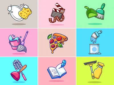 Random Object🧽🪣🎞️ bathroom book bottle branding broom brush bucket cleaning dishes doodle film flat icon illustration logo paint pizza plate sponge tools