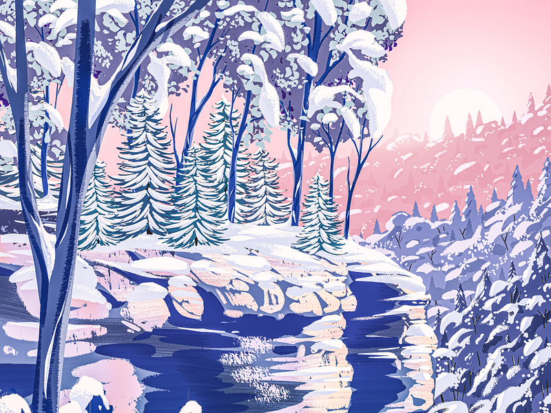 Conkle's Hollow (Winter) 2d digital painting ice illustration ipad pro landscape poster print procreate retro snow sunset vintage winter wpa