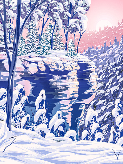 Conkle's Hollow (Winter) 2d digital painting ice illustration ipad pro landscape poster print procreate retro snow sunset vintage winter wpa
