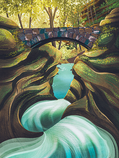 Devil's Bathtub (Spring) 2d digital painting illustration ipad pro landscape national park nature poster procreate retro vintage waterfall wpa