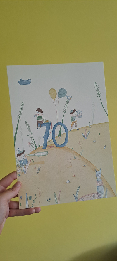Yay! 70! aquarel birthday crayon gift handmade hiking illustration print