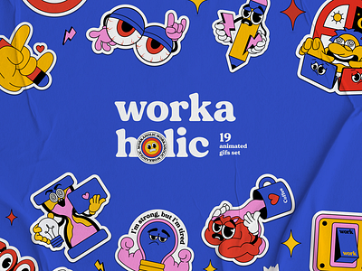Workaholic - Sticker Pack Set agency animation brand branding design gif graphic design illustration logo mockup motion graphics slabpixel sticker vector workaholic working