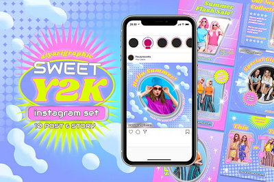 Sweet Y2k Instagram Set advertising blog blogger branding gradient instagram instagram post instagram posts instagram stories instagram story instagram template instagram templates neon post posts stories story template templates