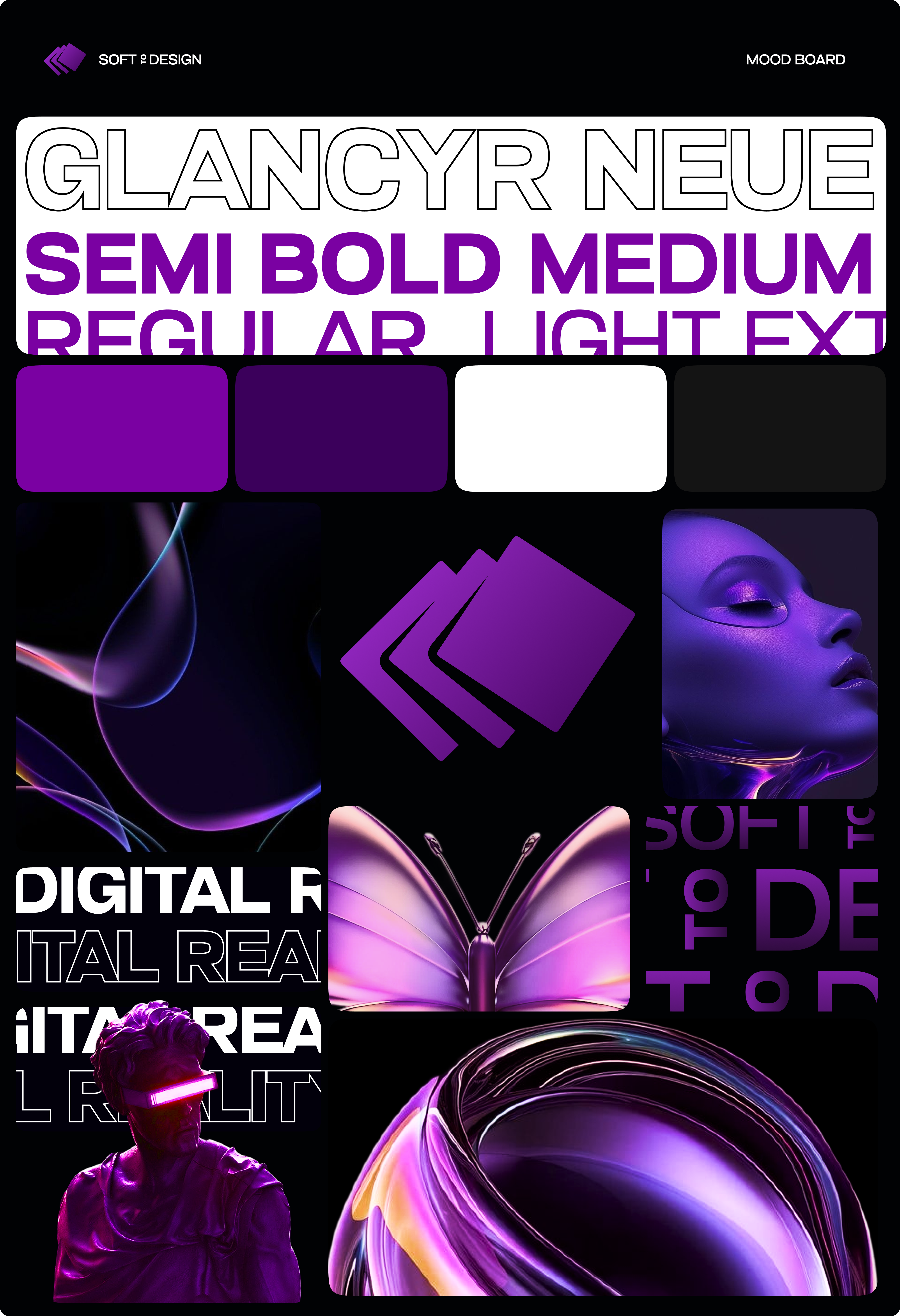 Futuristic Digital Design Moodboard with Glancyr Neue Typeface craxinno craxinnotechnologies creativedesign design digitaldesign figma figma design futuristicdesign glancyrneue graphic design graphicdesign illustration moodboard purpleaesthetic software development typographydesign ui uxui webdesign