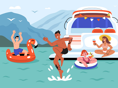 Scenes from the yacht party characters cute emotions flat illustration people sea vacation vector yacht