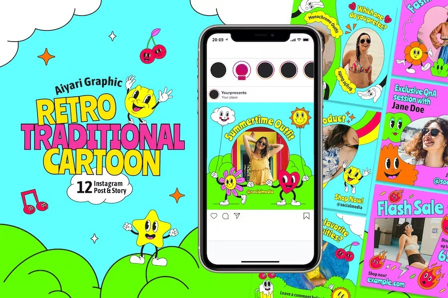 Retro Traditional Cartoon Instagram Set advertising blog blogger branding gradient instagram instagram post instagram posts instagram stories instagram story instagram template instagram templates neon post posts stories story template templates
