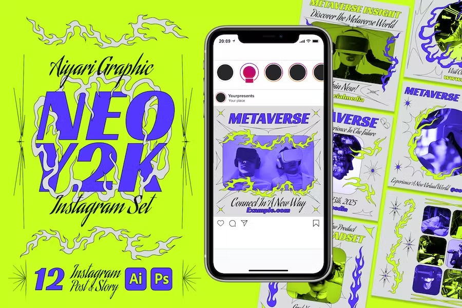 Neo Y2K Instagram Set advertising blog blogger branding gradient instagram instagram post instagram posts instagram stories instagram story instagram template instagram templates neon post posts stories story template templates