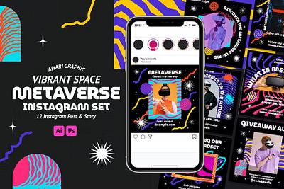 Vibrant Space Metaverse Instagram Set advertising blog blogger branding gradient instagram instagram post instagram posts instagram stories instagram story instagram template instagram templates neon post posts stories story template templates