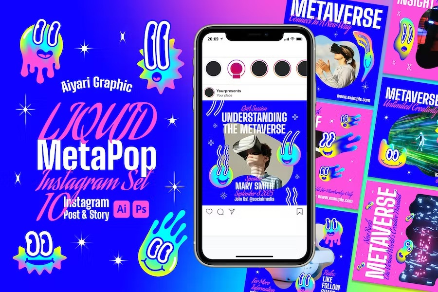 Liquid MetaPop Instagram Set advertising blog blogger branding gradient instagram instagram post instagram posts instagram stories instagram story instagram template instagram templates neon post posts stories story template templates