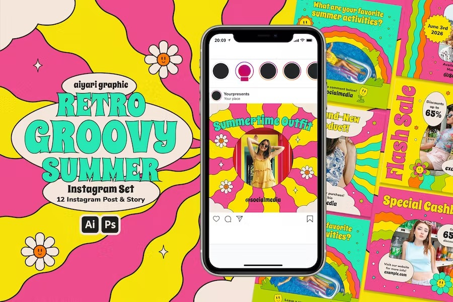 Retro Groovy Summer Instagram Set advertising blog blogger branding gradient instagram instagram post instagram posts instagram stories instagram story instagram template instagram templates neon post posts stories story template templates