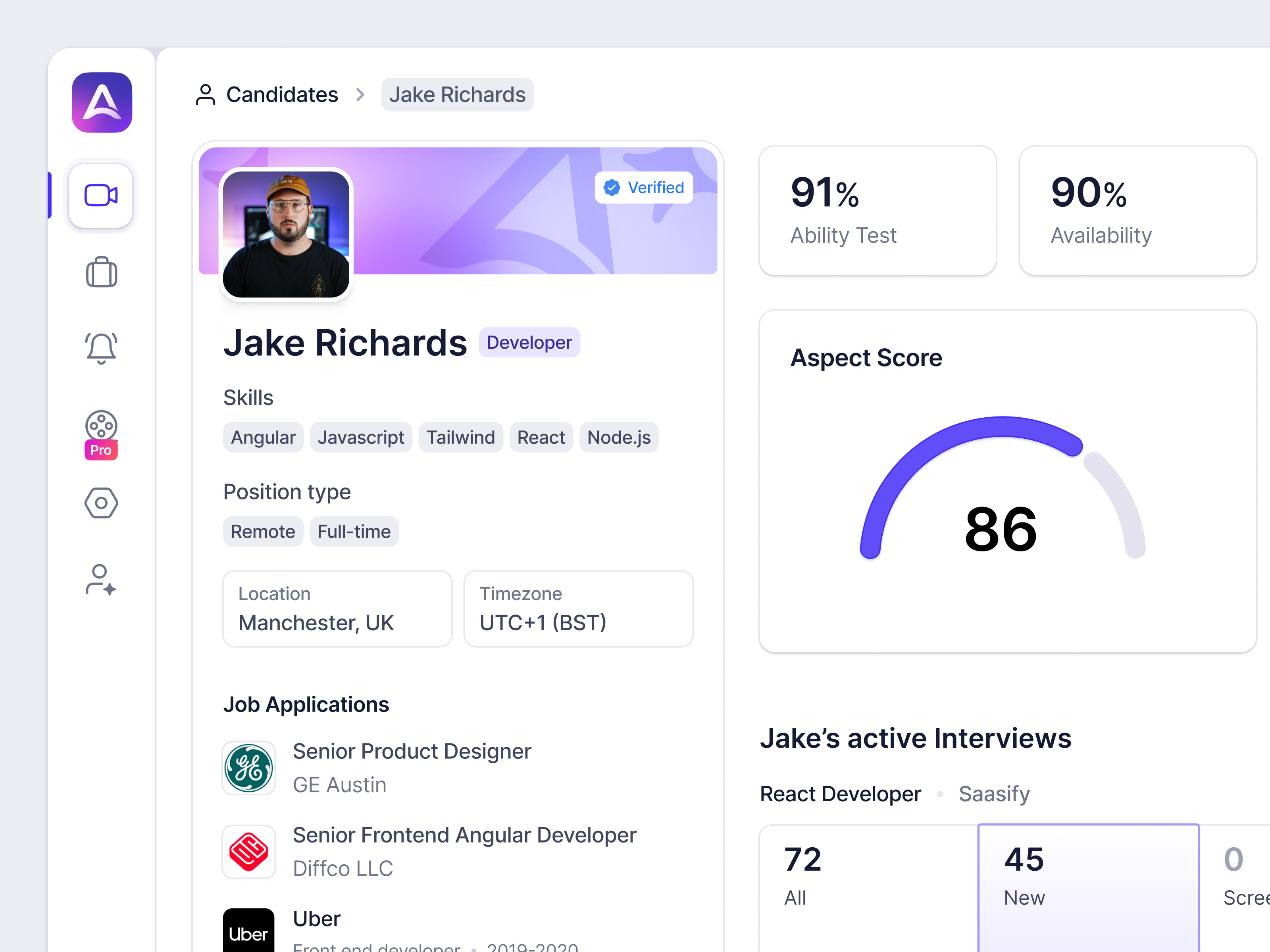Candidate profile page for job interviewing dashboard board candidate dashboard hiring interview interviewing job job board jobs profile saaas user profile web app