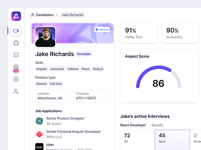 Candidate profile page for job interviewing dashboard board candidate dashboard hiring interview interviewing job job board jobs profile saaas user profile web app