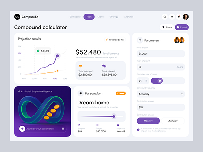 Dashboard CompoundX – Compound Interest Calculator asivest branding calculator crypto dashboard design finance futuristic illustration invest investing investment modern money platform premium simple stock ui ux