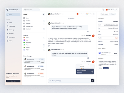 AI Agent: Customer Service Dashboard ai agent ai agent customer service ai agent dashboard ai customer service ai dashboard ai service dashboard ai uiux best ai dashboard design crm dashboard crm design customer service customer support dashboard dashboard design dashboard for customer service helpdesk ui saas dashboard saas design support inbox ticketing system