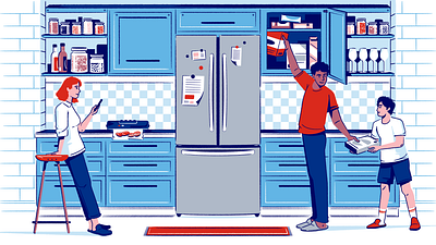 Reduce Your Food Waste (CAA magazine) family food fridge illustration interior kitchen