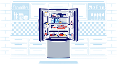 Reduce Your Food Waste (CAA magazine) food fridge illustration kitchen open