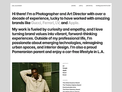 Info page - Photography Portfolio (Framer Website) animated animation branding design framer website graphic design illustration landing page minimal moderen photography portfolio ui web design website white space