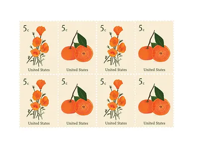 Hand Painted Vintage Botanical Stamps botanical california citrus floral flowers fruit hand painted illustration leaves los angeles orange oranges poppies post card postage postcard print stamp stamps vintage stamp