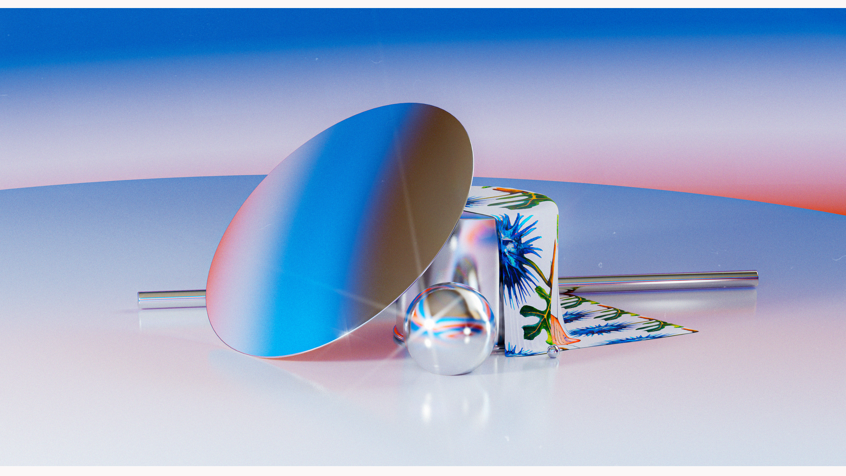 3D/AI Exploration 3d abstract ai botanical chrome cloth design digital art floral gradient graphic design illustration minimal pattern product shot reflection retro set design still life