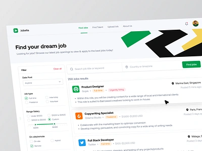 Jobelia - Job Finder Platform Dashboard career dashboard employment green hire hiring hiring platform job job board job finder job listing job portal job search job seeker product design recruitment ui ui design work work finder