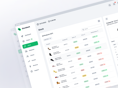Storeback | Stock admin panel analytics dashboard dashboard ui e commerce inventory inventory tracker modern performance product product design saas shoes software stock ui ux