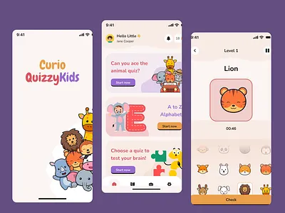 Curio QuizzyKids – Fun Learning App for Kids app design character design child friendly clean ui colorful ui edtech educational app game design illustration ios app kids app learning app minimal design mobile app onboarding playful design product design quiz app uiux user experience