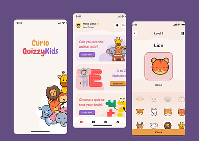 Curio QuizzyKids – Fun Learning App for Kids app design character design child friendly clean ui colorful ui edtech educational app game design illustration ios app kids app learning app minimal design mobile app onboarding playful design product design quiz app uiux user experience