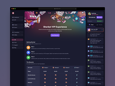 Sherbet VIP 👑 app betting blackjack casino crypto dashboard jackpot reviews rewards slots steps ui ux vip