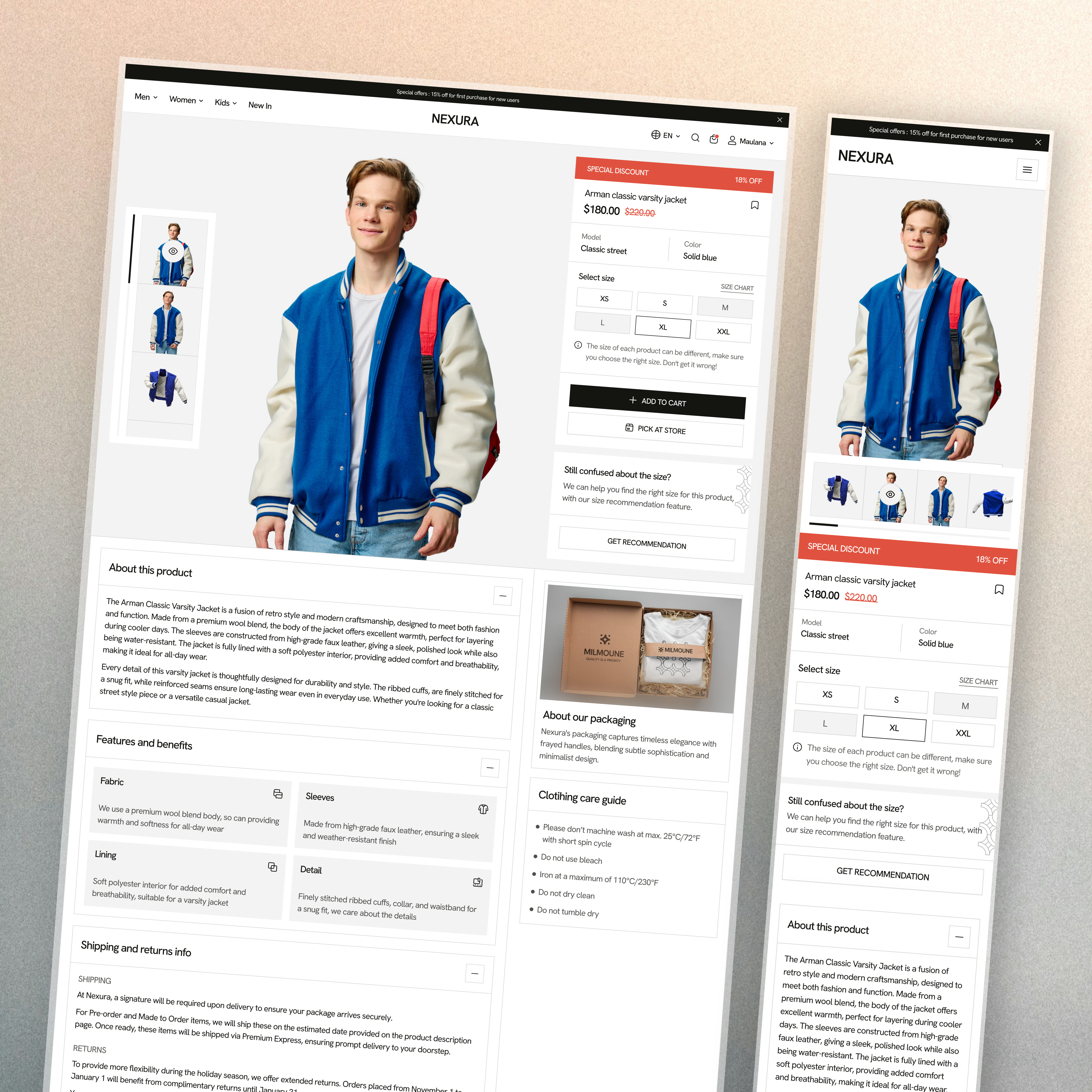 E-Commerce Product Details Page add to cart branding clean design clothing store e commerce website fashion e commerce minimal ui modern ui online store product detail page product page responsive design retail website shopping website size selector ui web design
