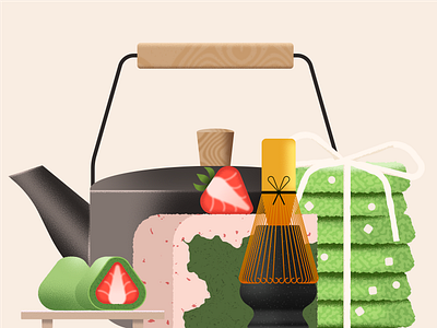 Matcha Ritual 🍃 bakery caffe cake chasen chasen holder cookies drink figma flat green green tea illustration matcha minimal mochi noise strawberry tea texture vector