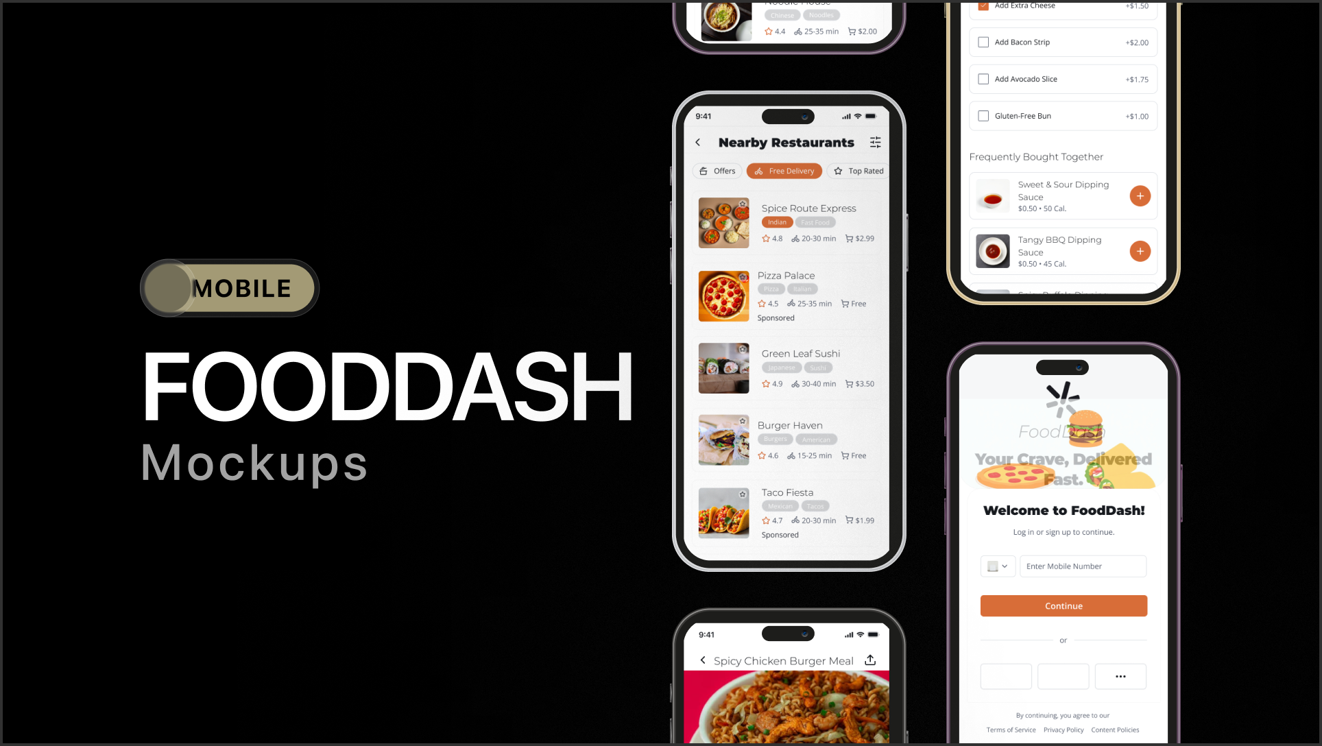 FOOD DELIVERY APP add to cart app app design app login cover page delivery app login mobile mockup order placed web