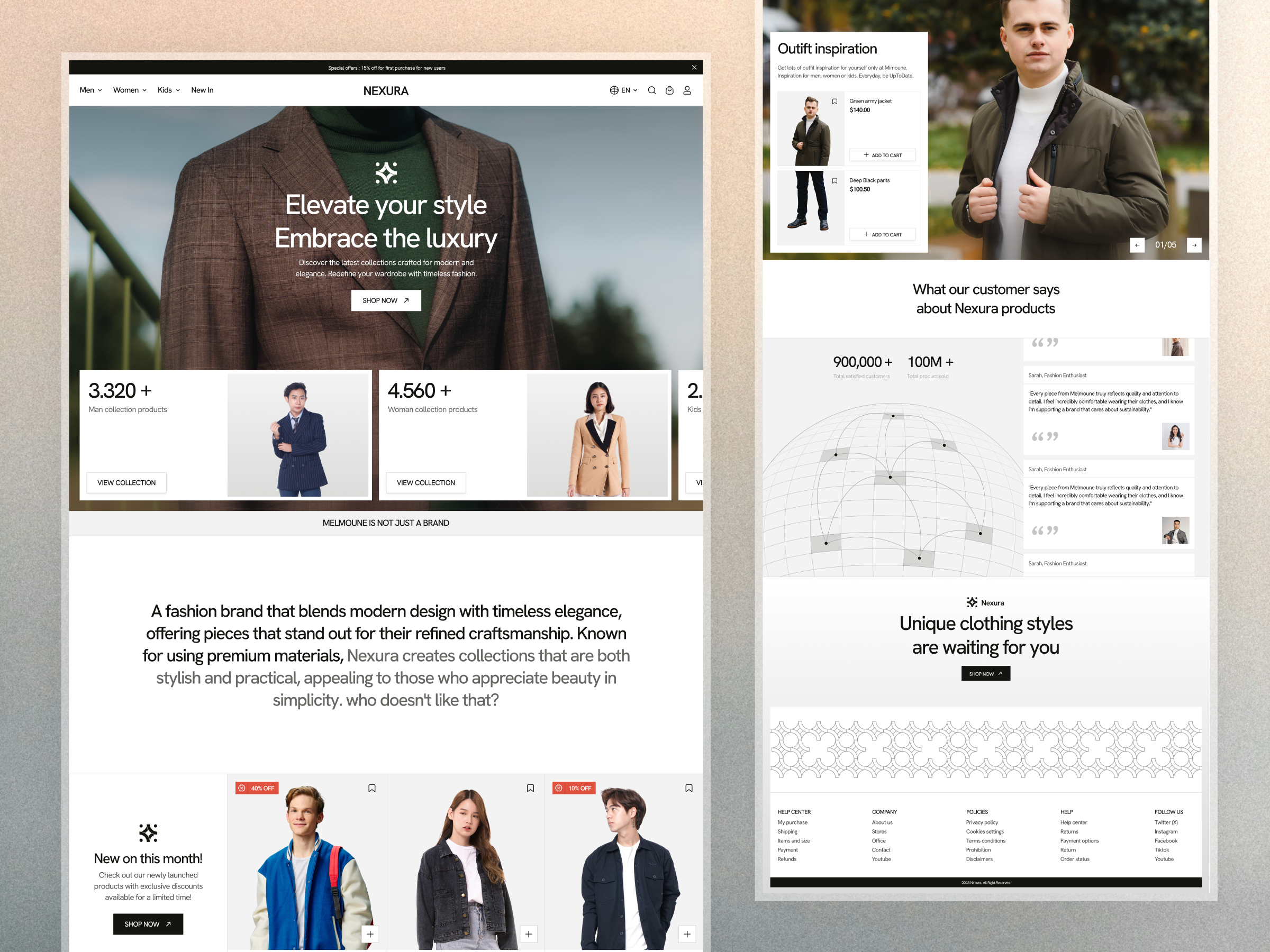 NEXURA - Luxury Fashion E-commerce Website bannerdesign calltoaction categorysection cleanui customerreviews ecommercedesign ecommerceui featurehighlights herosection homepagedesign luxurybrand minimal design minimaldesign morden clean design navigationbar product card product detail page productlisting responsivedesign uidesign