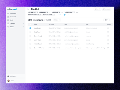 Insurance Tech CRM Dashboard for Smarter Client Management app client management conversion dashboard design estate filtering insurance intuitive management navigation planning platform redesign retirement dashboard saas scalability sidebar smart search ui ux